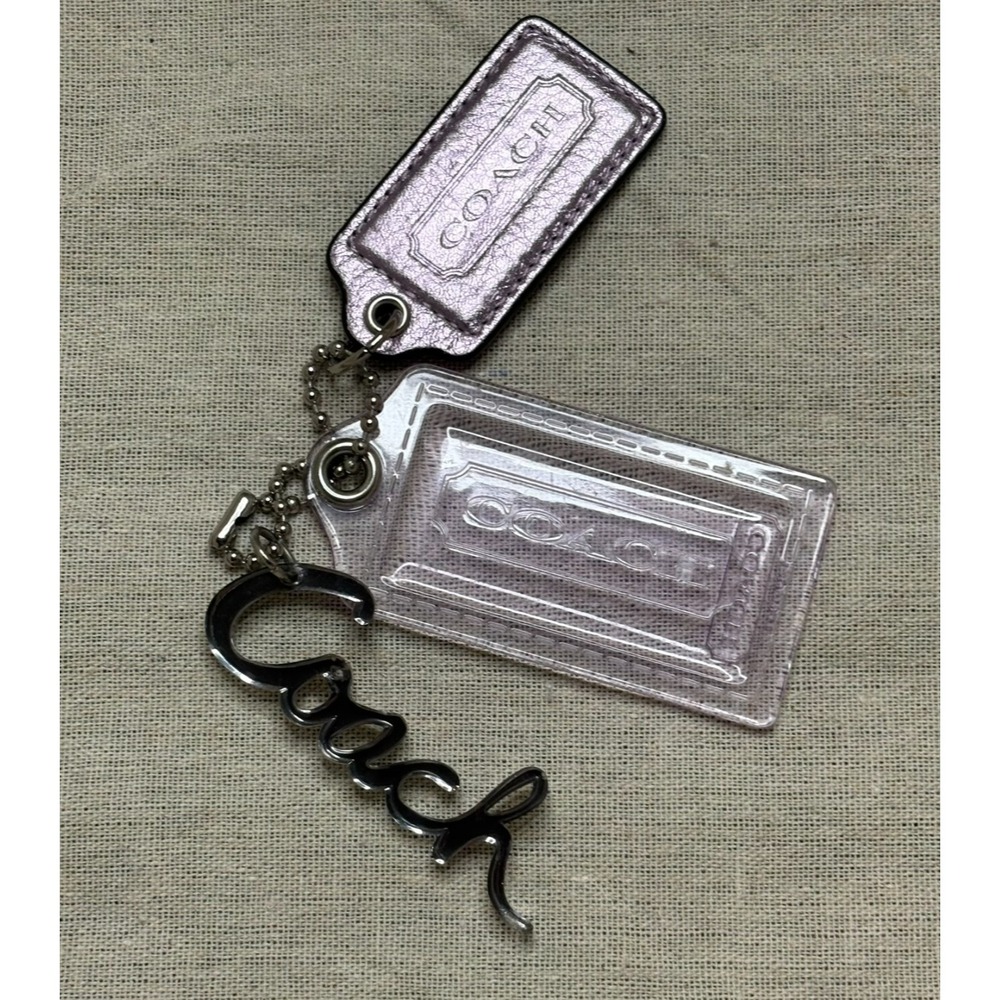 Lot (3) COACH Hang Tag 2.5" Metallic Lilac Leather, 3.5" Lilac Resin, 3" Script - Picture 1 of 6